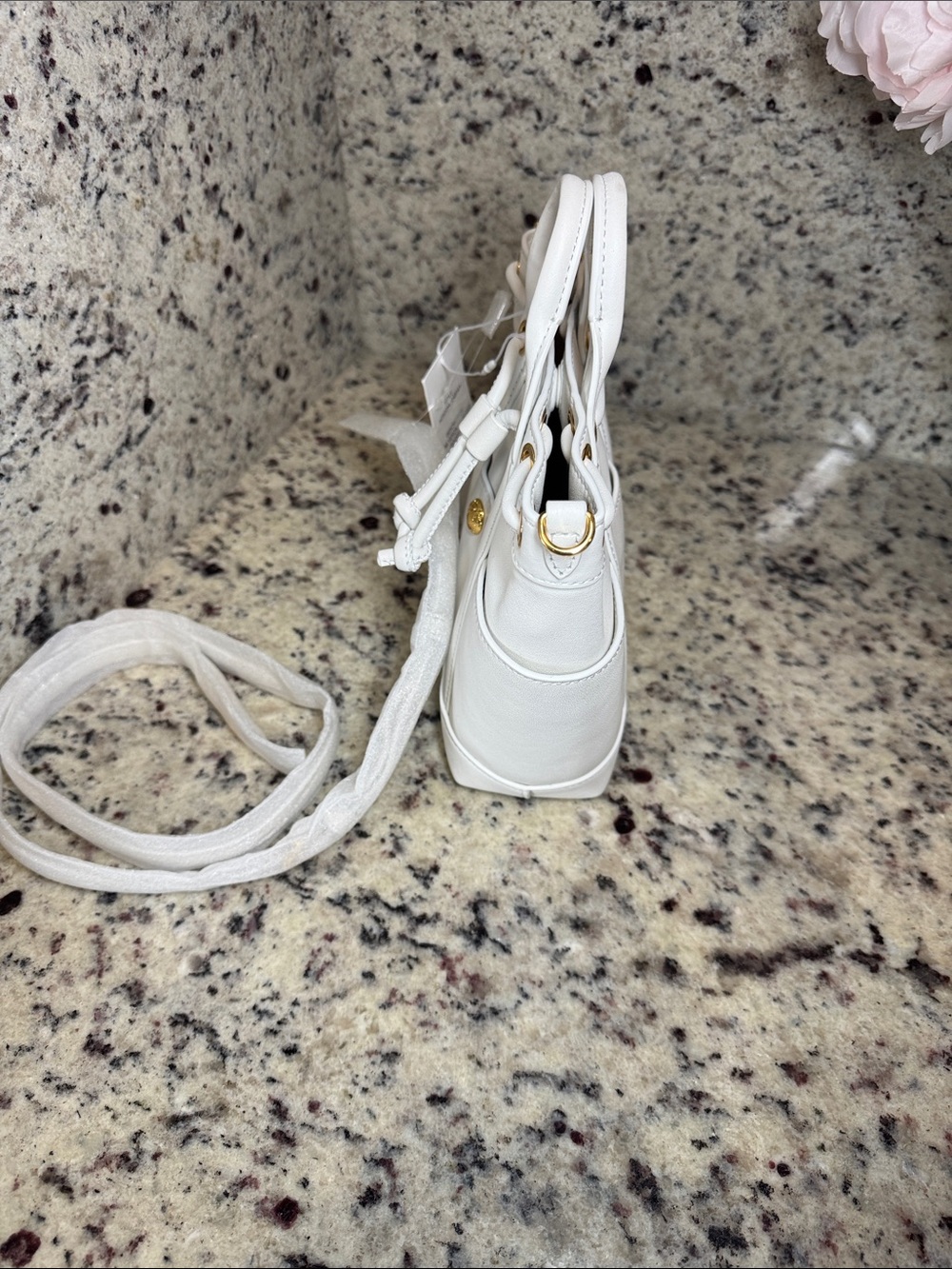 Veronica Beard “Mini Goody Bag” White Leather Drawstring Crossbody Bucket Bag. - Picture 9 of 16